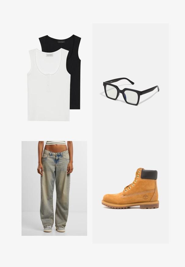 Due magliette a spalla larga a coste, una nera e l'altra bianca. La maglia bianca presenta un collo rotondo e una pattina con tre bottoni.; Jeans a gamba larga blu chiaro realizzati in denim, con una finitura sbiadita, design a cinque tasche e cuciture visibili lungo le cuciture.; Stivale alla caviglia in pelle marrone con imbottitura nera, occhielli dorati e suola texturizzata. Presenta un logo circolare su un lato e dettagli di cucitura.; Occhiali da sole neri con finitura opaca, dotati di lenti trasparenti e una leggera sfumatura blu su un lato. Design robusto e angolare.; Borsa a spalla in pelle vernicata bianca con design curvo, hardware argentato e un accento logo sottile sul davanti. Include una tracolla regolabile.