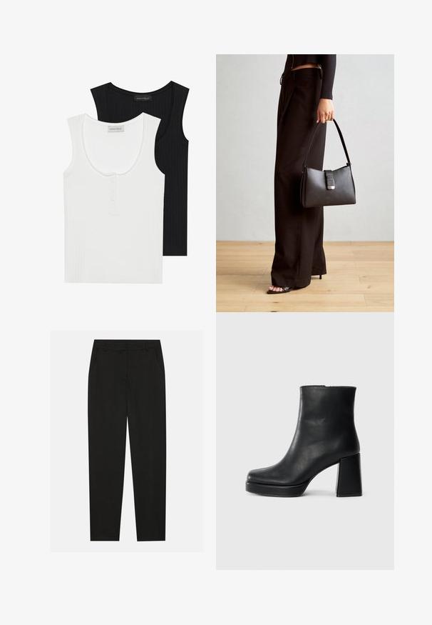 Du mieliškai juodi ir balti tank topai. Baltas topas turi apvalų kaklą ir tris mygtukus; abu turi plačius petnešas.; Juodos kelnes su pritaikytu dizainu, turinčios šonines kišenes ir tiesią koją. Pagamintos iš lygaus, lengvo audinio su blizgiu paviršiumi.; Juodas odinis kulkšninis botas su bloku ir platformos padu, matomas šoniniu vaizdu ant balto fono.; Juodas rankinė struktūrizuota forma, lygi tekstūra ir metalinis užsegimas. Suporuota su plačiomis juodomis kelnėmis ir atvirais bateliais ant medinių grindų.