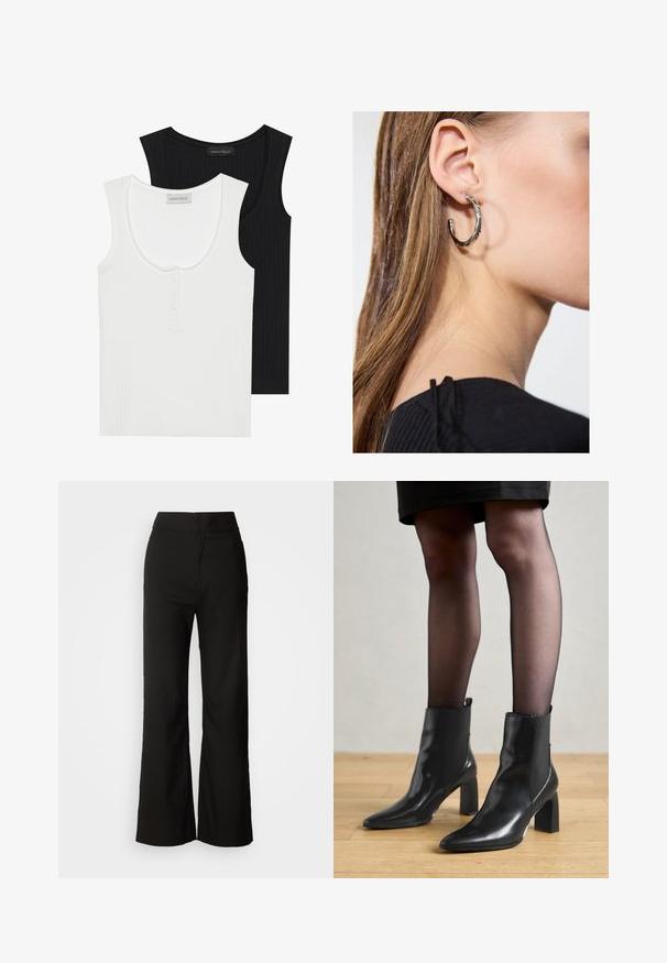 Two ribbed tank tops in black and white. White top features a round neck and three-button placket; both have wide shoulder straps.; Black wide-leg trousers with a smooth texture, high waist, and a clean design. No visible pockets or embellishments.; Black leather ankle boots with a pointed toe, chunky square heel, and sleek design. Features elastic side panels for easy wear.; Silver hoop earring with a polished finish, featuring small gold accent details and a round shape, worn on the lobe.
