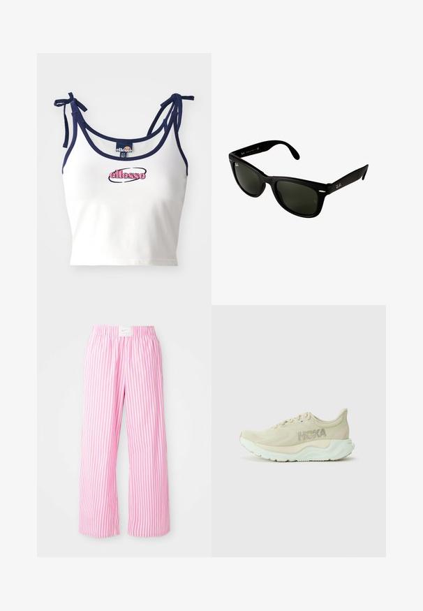 Balta īsā augšdaļa ar tumši zilām siksnām, ar rozā izšūtu logo "ellesse". Gluda auduma, regulējamas saites uz pleciem.; Rozā un baltas svītrainas bikses ar elastīgu jostu. Izgatavotas no viegla materiāla, ar brīvu un platām kājām.; Gaiši bežu skriešanas apavi ar teksturētu tīkla virsotni, mīksto starpuli un piparmētru zaļu zoli. Sānos ir redzams Hoka zīmols.; Melnās plastmasas saulesbrilles ar tumši zaļiem lēcām. Kvadrāta rāmja dizains ar sudraba akcentiem un izvirpotu logo uz tempļa.; Džinsa iepirkumu soma ar divām rokturiem un noņemamu tumši zilā krāsā plecu siksnu. Iespējo "Coach New York" tumši zilā burtiem un ādas birku.