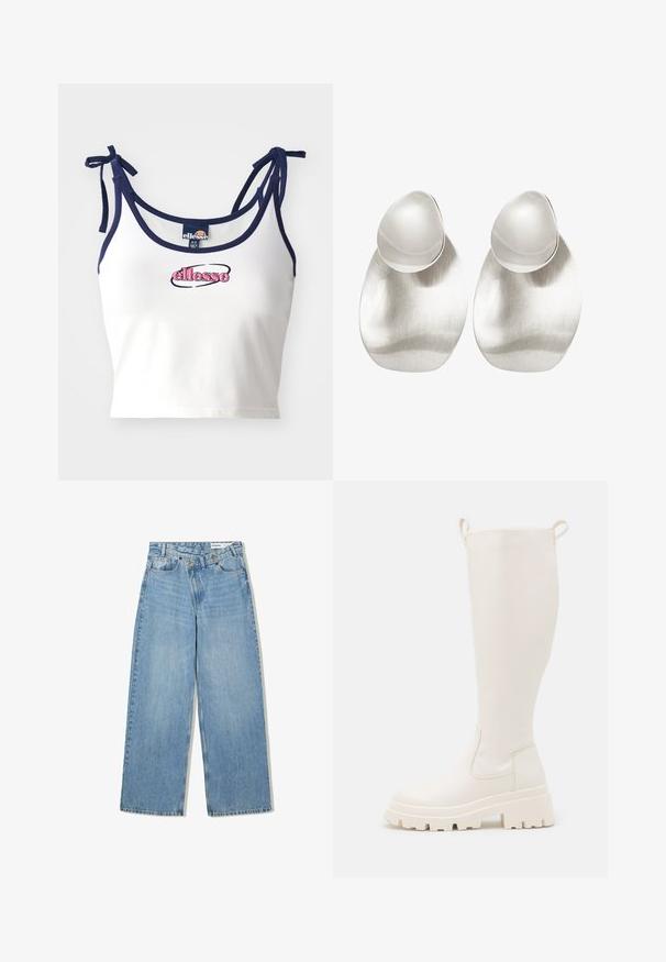 White crop top with navy straps, featuring the embroidered logo "ellesse" in pink. Smooth fabric, adjustable ties on the shoulders.; Light blue wide-leg jeans made of denim, featuring a high waist, five pockets, button closure, and subtle fading for texture.; Knee-high white rubber boots with a chunky sole and side elastic panels. Features pull tabs at the top for easier wear. Smooth texture.; Silver earrings featuring a polished teardrop shape atop a brushed oval base, showcasing smooth textures and a minimalist design.