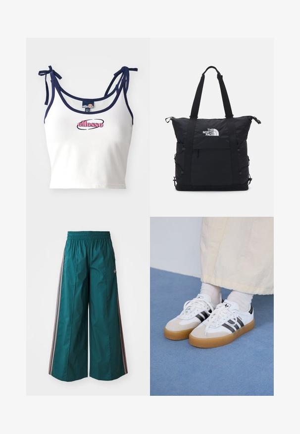 White crop top with navy straps, featuring the embroidered logo "ellesse" in pink. Smooth fabric, adjustable ties on the shoulders.; Teal wide-leg trousers with an elastic waistband, featuring striped accents in pink and white on the sides, made from lightweight fabric.; White sneakers with black stripes and beige suede accents. Feature a textured gum sole and flat white laces, worn with light-colored socks.; Black tote bag with a padded design, top zipper closure, dual short straps, and logo on the front; features side pockets and adjustable straps.