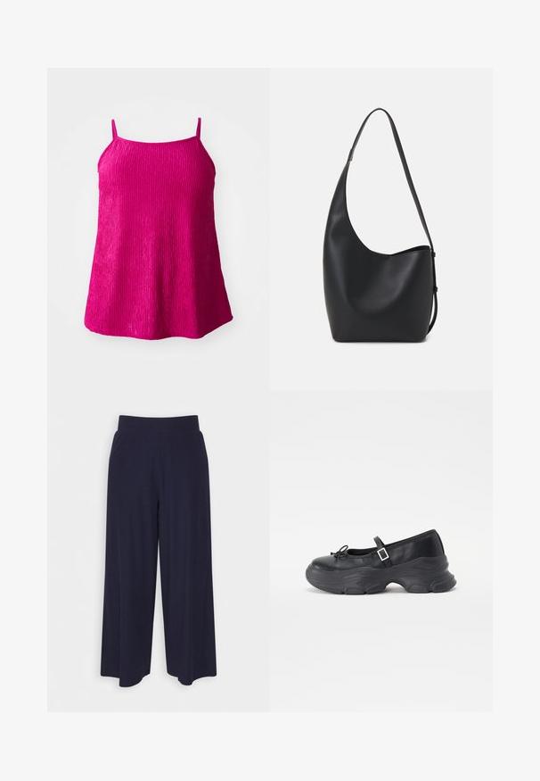 Fuksia ermeløs topp med tynne stropper, laget av teksturert stoff med vertikale ribbede mønstre; løs passform med avrundet kant.; Bredde bukser i mørk marineblå stoff med ribbet tekstur. Har en glatt midje og en luftig silhuett, som når midt på leggen.; Sorte skinn Mary Jane-sko med avrundet tå, sløyfedetalj og justerbar ankelstropp. Har en kraftig gummisåle med buede detaljer.; Svart lær hobo-veske med glatt tekstur, buet form og enkelt justerbart stropp; har en bred åpning på toppen.