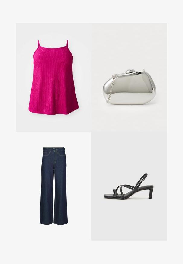 Fuchsia ärmlös topp med tunna band, tillverkad av texturerad tyg med vertikala ribbade mönster; lös passform med rundad nederdel.; Mörk denim bredbenta jeans med hög midja, med sömnadsdetaljer, bältesömmar och framfickor. Slät textur, klassisk design.; Svart sandaler med remmar och fyrkantig tå samt låg blockklack. Har flera tunna remmar och en justerbar ankelrem. Tillverkad av mjukt läder.; Silverfärgad metallkuvertväska med en rundad, slät form. Har en låsning och ett avtagbart kedjestropp. Reflekterande yta utan mönster.; Silver ring med dubbel band och en slät, polerad yta. Har en flödande, böjd design med överlappande sektioner för en modern stil.