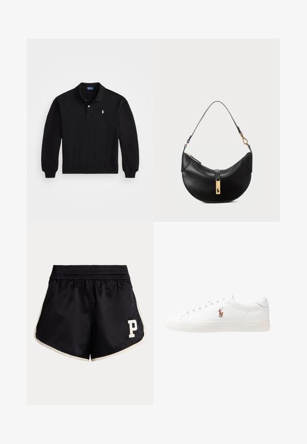 Melnas kokvilnas polo džemperis ar garām piedurknēm, ribotām aprocēm un trīs pogu aizdari. Uz krūtīm ir neliels balts logs.; Melni sporta šorti ar smockētu jostas daļu, bēša sānu svītrām un krēmveida burta "P" logo kreisajā augšstilbā.; Baltas ādas sporta apavi, zema dizaina, ar gludu tekstūru, noapaļotu purngalu, ar auklēm priekšpusē un nelielu izšūtu logotipu sānos.; Melnas ādas rokas soma pusmēness formas. Iezīmē zelta metāla akcentus un šauru siksniņu. Gluda tekstūra, rāvējslēdzēja aizdare augšpusē.