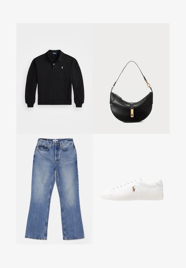 Black cotton polo sweatshirt with long sleeves, ribbed cuffs, and a three-button placket. Features a small white logo on the chest.; RE/DONE LOOSE - Bootcut jeans - hacienda; White leather sneakers, low-top design, featuring a smooth texture, round toe, laced front, and a small embroidered logo on the side.; Black leather handbag in a half-moon shape. Features a gold hardware accent and a narrow strap. Smooth texture, zipper closure at the top.