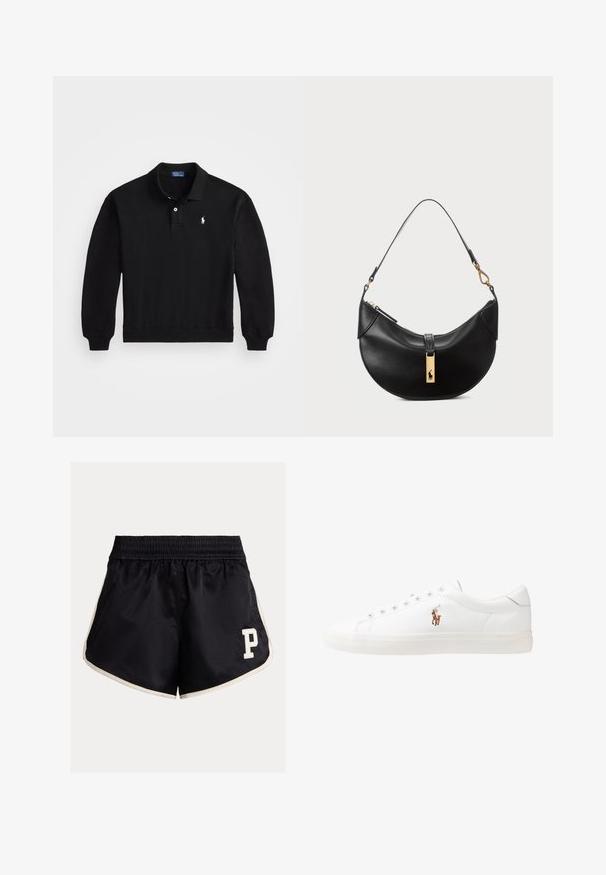 Sudadera de polo de algodón negro con mangas largas, puños acanalados y una tapeta de tres botones. Presenta un pequeño logo blanco en el pecho.; Pantalones cortos deportivos negros con cinturilla elástica, rayas laterales crema y un logo blanco de "P" en la parte inferior izquierda. Tela suave, ajuste relajado.; Zapatillas de cuero blancas, diseño de corte bajo, con una textura suave, puntera redonda, cordones en la parte delantera y un pequeño logo bordado en el lateral.; Bolso de cuero negro en forma de media luna. Presenta un acento de hardware dorado y una correa estrecha. Textura suave, cierre de cremallera en la parte superior.