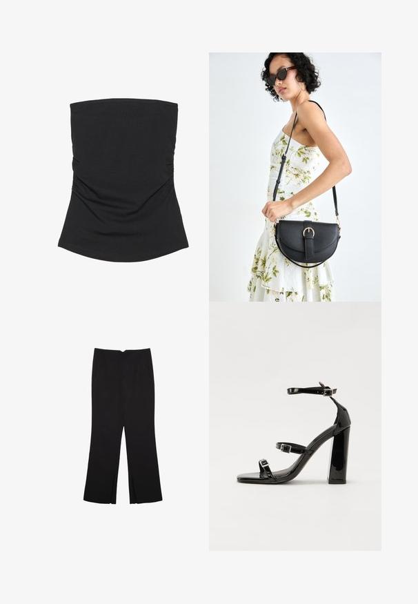 Schwarzes trägelloses Oberteil aus leichtem, glattem Material. Verfügt über geraffte Seitendetails und einen geschwungenen Saum. Geeignet für die Freizeit.; Schwarze Hose mit geradem Schnitt, ausgestattet mit Fronttaschen und Seitenschlitzen am Saum. Hergestellt aus weichem, glattem Stoff. Geeignet für verschiedene Anlässe.; Schwarze patentierte Sandalen mit Absatz, quadratischer Spitze, Knöchelriemen und silbernen Schnallen. Mit einem stabilen Blockabsatz für mehr Stabilität.; Schwarze Lederhandtasche mit geschwungener Form, abnehmbarem Tragegurt und goldenen Beschlägen. Die Tasche verfügt über einen Deckel mit einer Schnallen-Details.