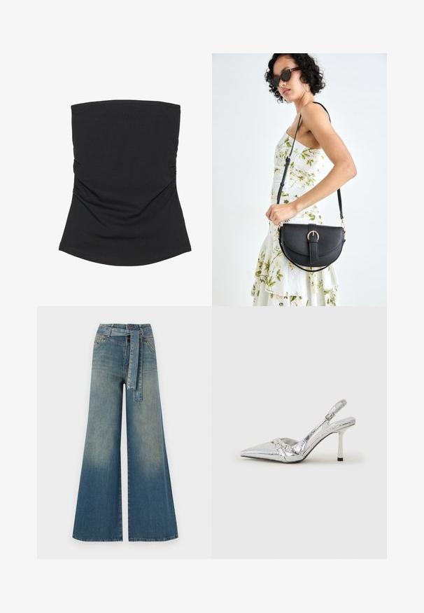 Fekete, pánt nélküli felső, könnyű, sima anyagból készült. Gyűrt oldal részletekkel és ívelt aljával rendelkezik. Kényelmes viselet hétköznapokra.; Bőszárú farmernadrág, világos és sötétkék árnyalatokkal, magas derekú, övgyűrűkkel és a nadrággal megegyező anyagú övvel. Textúrált farmer kivitel.; Ezüst slingback magas sarkú cipő hegyes orral, fémszerű felülettel, két dekoratív pánttal és vékony sarkú, fekete végű dizájnnal.; Fekete bőrtáska ívelt formával, levehető pánttal és arany színű fémrészekkel. A táskán egy csattal díszített fedél található.