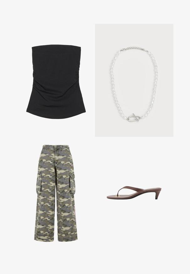 Mustaton strapless-top, joka on valmistettu kevyestä ja sileästä kankaasta. Siinä on rypytetty sivuaski ja kaareva helma. Sopii arkivaatteeksi.; Vika-puku vihreä-beige camo-kuvioissa, joissa on löysä istuvuus, kaksi sivutaskua ja vaaleanpunainen yksityiskohta jatkuen lahkeessa.; Kahvoit varrelliset flip-flop sandaalit, joissa on hoikka hihna ja pyöristetty varvasosa, sekä pieni kultainen yksityiskohta pohjalla.; Valkoinen helminauha, jossa on vaihtelevaa muotoa ja kokoa, varustettuna hopeisella lukolla. Tasainen tekstuuri ja kiiltävä pinta.