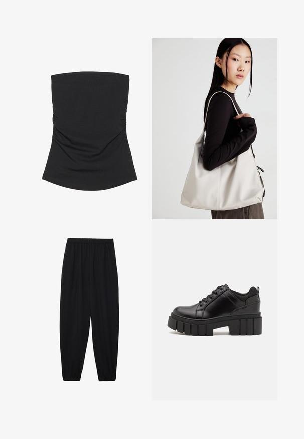 Top negru fără bretele, realizat dintr-un material ușor și neted. Prezintă detalii cu plisare pe lateral și o margine curbată. Potrivit pentru purtare casual.; Pantaloni negri, ușori, cu un brâu elastic și tivuri strânse. Materialul este neted și are un design relaxat, conic.; Pantofi cu talpă plată din piele neagră, cu toc gros, vârf rotund și design tradițional cu șireturi. Prezintă o textură netedă și detalii minime.; Geantă bej din material moale, cu un design lejer, detalii cusute și două bretele pentru umăr. Potrivită pentru utilizarea zilnică.