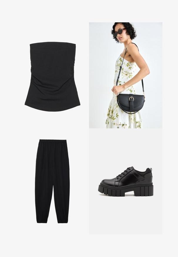 Melnas strapless blūzes, kas izgatavota no viegla, gluda auduma. Iezīmēta ar sakrautu sānu detalizāciju un izliekto apakšmalu. Piemērota ikdienas valkāšanai.; Melnas, vieglas bikses ar elastīgu jostu un savilktiem potītiem. Audums ir gluds un to raksturo brīva, sašaurināta forma.; Melnas ādas platformas kurpes ar masīvu bloku papēdi, apaļu purngalu un tradicionālu saistīšanas dizainu. Izceļas ar gludu tekstūru un minimālu apdari.; Melnas ādas rokassoma ar izliekta formu, noņemamu siksnu un zelta aksesuāriem. Somai ir vāciņš ar sprādzes detaļu.