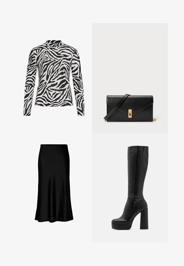 Langermet topp med et svart-hvitt zebra stripemønster, laget av myk stoff med høy krage og tettsittende design.; Svart satin midi skørt med glat tekstur, flagrende kant og tætsiddende talje, med et simpelt, klassisk design.; Sorte over-the-knee støvler laget av glatt skinn med en teksturert overflate, med høy blokkhelt og rund tå-design.; Svart lærwallet med et foldbart klaff, gullhardware, med en logo aksent. Inkluderer en avtakbar stropp for bæring.