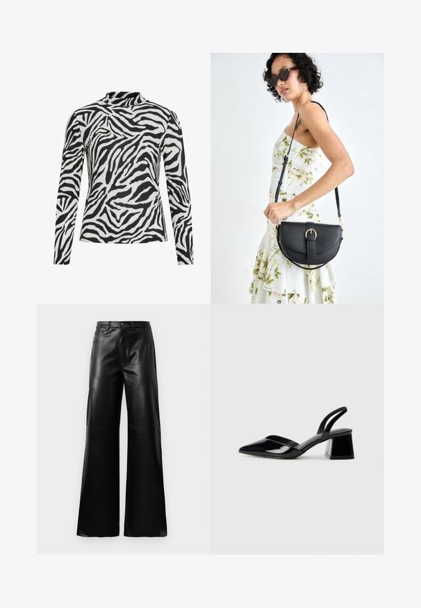 Ilgiem piedurkņu tops ar melnbaltu zebra svītru rakstu, izgatavots no mīksta auduma ar augstu apkakli un piegulošu dizainu.; Melnas augstās jostas platajās kājās sintētiskās ādas bikses ar priekšējo pogu, rāvējslēdzēju, jostas cilpām un sānu kabatām uz baltā fona.; Melna lakota āda ar atvērto papēdi, ar smailu purngalu un ģeometrisku blokpapēdi. Iezīmējas elegants, minimāls dizains un gluda tekstūra.; Melnas ādas rokassoma ar izliekta formu, noņemamu siksnu un zelta aksesuāriem. Somai ir vāciņš ar sprādzes detaļu.