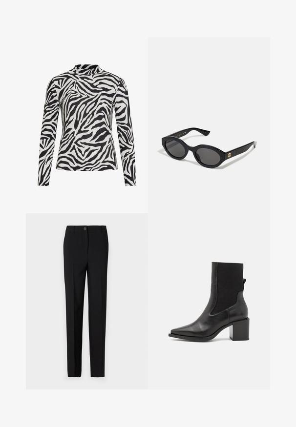 Langärmliges Oberteil mit einem schwarz-weißen Zebra-Streifenmuster, gefertigt aus weichem Stoff mit hohem Kragen und tailliertem Schnitt.; Schwarze, maßgeschneiderte Hose mit geradem Bein, ausgestattet mit einem Knopfverschluss und Gürtelschlaufen, aus glattem Stoff gefertigt.; Schwarze Stiefelette mit spitzem Schuhschnitt, aus glattem Leder und elastischem Stoff gefertigt. Mit Blockabsatz und minimalistischem Design.; Schwarze ovale Sonnenbrille mit dunklen Gläsern und glänzendem Kunststoffrahmen. Mit goldenem Logo am Bügel, das ein elegantes und modernes Design bietet.; Blau gemusterte Handtasche aus Stoff, mit geschwungener Form, schwarzem Ledergriff und Logo-Design in einem helleren Farbton.
