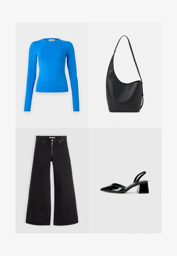Dolga majica modre barve iz raztegljivega materiala. Ima okroglo obliko ovratnika in prilegan silhueto. Gladka tekstura z minimalnimi šivi.; Široke traperice iz črnega denima z zadrgo spredaj, petimi žepi in diskretnimi šivi. Gladka tekstura in ležeren slog.; Črne lakirane slingback pete s koničastim nosom in geometrijsko blokasto peto. Imajo eleganten, minimalističen dizajn in gladko teksturo.; Črna usnjena hobo torba z gladko teksturo, ukrivljeno obliko in eno nastavljivo naramnico; ima širok odprtina na vrhu.