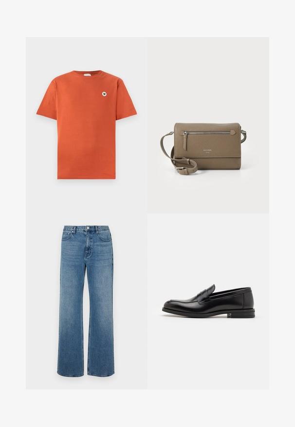 Katoenen t-shirt in verbrand oranje, normale pasvorm, ronde hals, korte mouwen, met een klein rond wit logo op de borst.; Brede blauwe jeans van denim met een verouderde afwerking. Heeft vijf zakken, een sluiting met vooraan knoop en een rechte snit.; Zwarte leren instappers met een gladde textuur, ronde neus en een decoratieve band over de wreef. Lage, gestapelde hak en minimalistisch ontwerp.; Taupe leren schoudertas met een ritsvak aan de voorkant, verstelbare band, geribbeld textuur en een verdiept logo aan de voorkant.