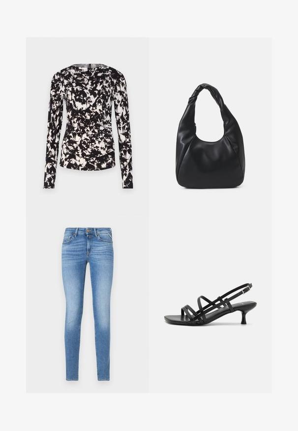 Juoda ir balta ilgomis rankovėmis palaidinė su tekstūruotu, abstrakčiu gėlių raštu. Turi apvalią iškirptę ir prigludusį siluetą.; Lieknas, šviesiai mėlynas džinsinis kelnes, vidutinio aukščio juosmuo, priekinis mygtukas ir penkių kišenių dizainas.; Juodos aukštakulnės šlepetės su keliais perrištomis juostelėmis. Lygi medžiaga, smailas nosis ir siauras kulnas. Reguliuojama kulkšnies juostelė su sagtimi.; Juodas hobo krepšys, pagamintas iš lygaus odos panašaus materiaus, su susuktos rankenos, turintis minkštą, apvalią formą ir viršutinį užtrauktuką.; Aukso auskarai su lygiu, blizgiu paviršiumi. Apvalus dizainas su maža užrakto dalimi ir skaidria atrama saugiam nešiojimui.