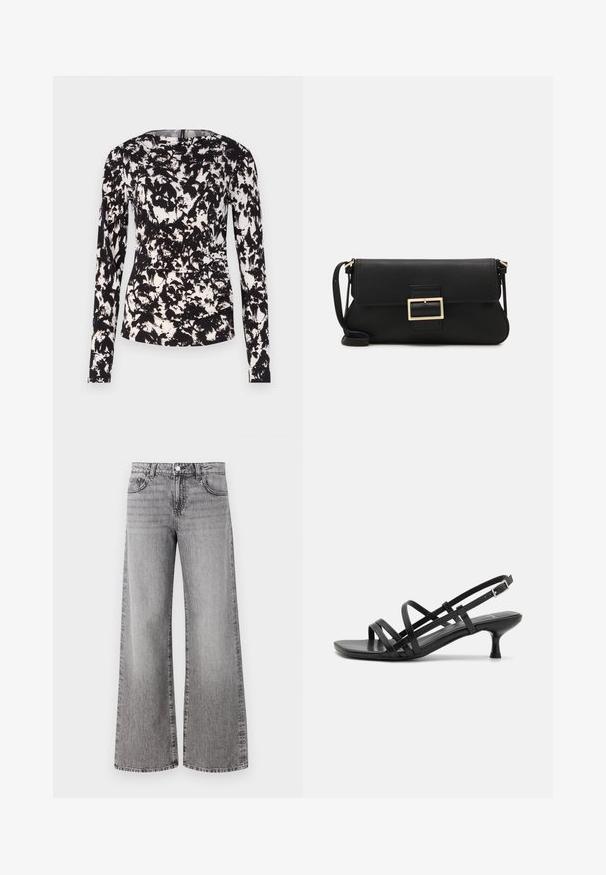 Čierny a biely dlhý rukáv s textúrovaným abstraktným kvetinovým vzorom. Má okrúhly výstrih a priliehavý strih.; Džínsy s širokými nohavicami vyrobené z šedej denimu s vybledlým povrchom. Obsahujú klasické vrecká a zapínanie na gombík v pase.; Čierne sandále na podpätku s viacerými prekríženými remienkami. Hladký materiál, špicatá špička a úzky podpätok. Nastaviteľný remienok okolo členka s prackou.; Čierna kožená clutch taška s klopou a zlatým kovovým detailom s prackou. Obsahuje čierny remienok a elegantný, minimalistický dizajn.; Zlaté kruhové náušnice s hladkým, lesklým povrchom. Cirkulárny dizajn s malým steblom a jasným záznamom pre bezpečné nosenie.