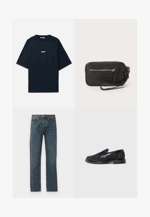 Navy blue t-shirt made of cotton, featuring short sleeves, a round neckline, and a small red and white logo patch on the front.; Dark blue denim jeans with a straight leg design, featuring five pockets, a button closure, and contrasting stitching details.; Black woven slip-on shoe with a smooth leather accent on the upper, a round toe design, and a low-profile rubber sole.; Black leather clutch with textured surface, front zip pocket, and detachable wrist strap. Features a logo patch on the front. Rectangular shape.