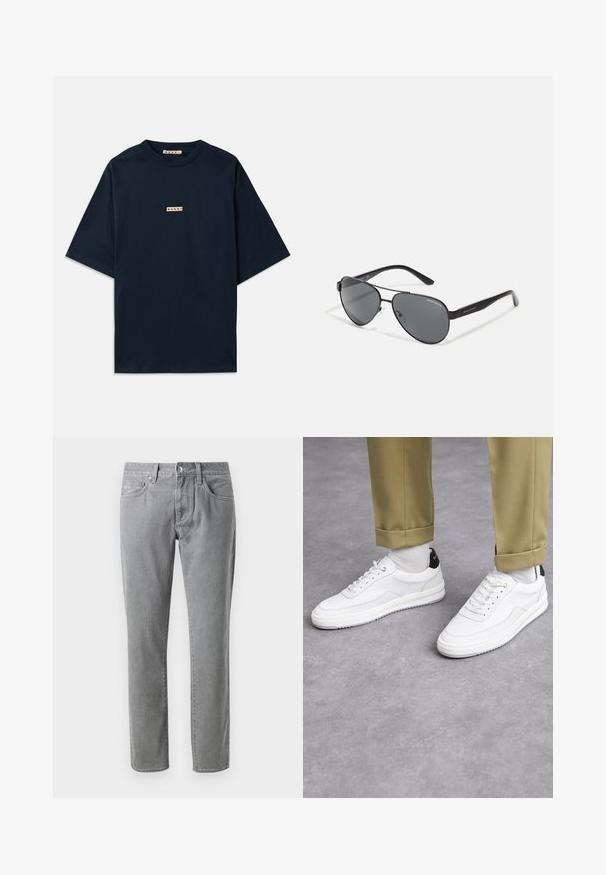 Granatowa koszulka wykonana z bawełny, z krótkimi rękawami, okrągłym dekoltem i małą naszywką z czerwono-białym logo z przodu.; Szare dżinsy z prostą nogawką, z pięcioma kieszeniami, z przodu zapinane na guzik oraz z jasnym kontrastowym stębnowaniem.; Białe sneakersy z fakturowaną skórzaną wykończeniem, okrągłym noskiem i czarnym akcentem na pięcie. Gumowa podeszwa z małym wzorem bieżnika i przeszyciem.; Czarne okulary przeciwsłoneczne w stylu aviator z ciemnymi soczewkami, cienką metalową ramą i smukłymi plastikowymi zausznikami z akcentami logo.