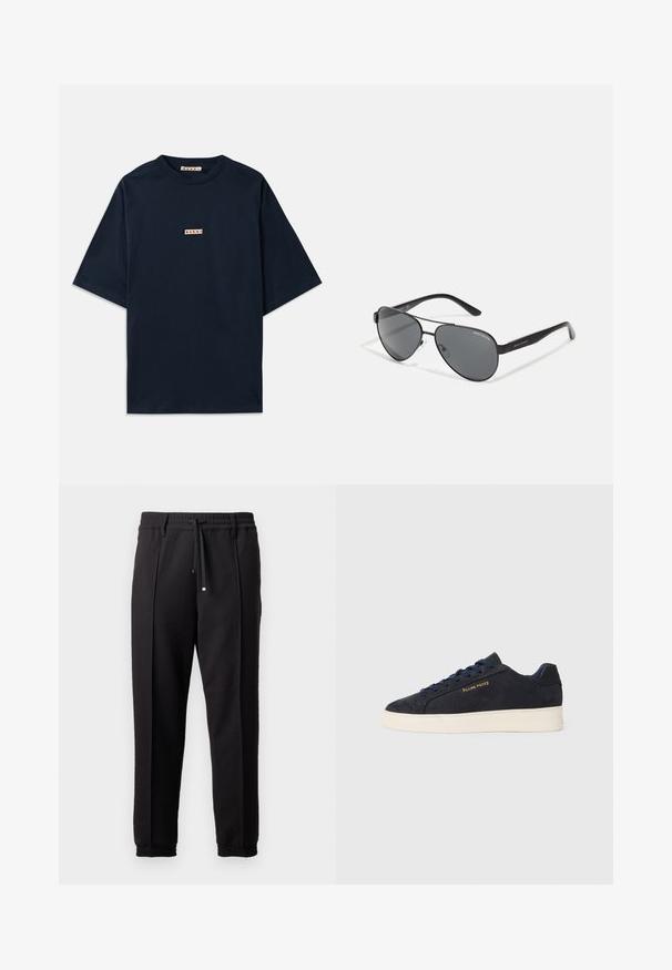 Navy blue t-shirt made of cotton, featuring short sleeves, a round neckline, and a small red and white logo patch on the front.; Black trousers with a waistband, drawstring, and elastic cuffs. Features pleats and a smooth, textured fabric.; Navy blue suede low-top sneaker with white sole, navy laces, and "Filling Pieces" logo in gold on the side.; Black aviator sunglasses with dark lenses, thin metal frame, and slender plastic arms featuring logo accents.