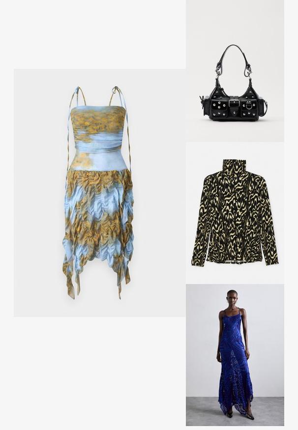 Top lung cu mânecă lungă, cu un model negru și crem, având un guler înalt, realizat dintr-un material neted și elastic, cu un design abstract, ondulat.; AVAVAV SMOCK DRESS - Rochie cocktail/Rochie petrecere - blue/yellow; Rochie maxi cu imprimeu de animale în nuanțe de albastru și violet, cu bretele subțiri, corset strâns, tiv evazat și detalii de voal transparent.; Geantă de piele neagră cu un design curbat, dotată cu studuri argintii, o cataramă și două buzunare laterale. Curea ajustabilă pentru opțiuni de transport.