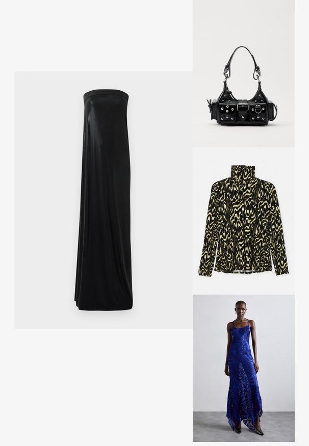 Must ja kreemilõikelise mustriga pikkade varrukatega särk kõrge kraega, valmistatud siledast ja venivast kangast, millel on laineline abstraktne disain.; Must have rihmatu maksi kleit, mis on valmistatud siledast, läikivast kangast. Omab õhulist bodi ja voogavat siluetti, ulatudes põrandani ilma kaunistusteta.; Sinine ja lilla loomade mustriga maksikleit õhukeste rihmadega, keha lähedane pealisosa, laienev allosa ja poolläbipaistev overlays detail.; Must värvi nahast käekott, millel on kaarjas disain, hõbedased nupukesed, kinnitusahe ja kaks külgtaskut. Reguleeritav rihm erinevate kandmisvõimaluste jaoks.