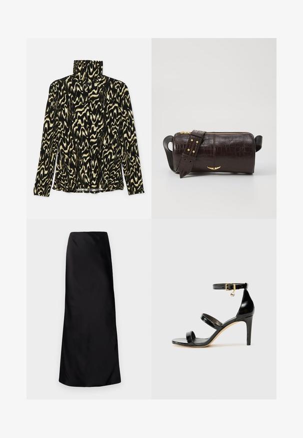 Pitkähihaista musta ja kermanväristä kuviollista paitaa, jossa on korkea kaulus. Paita on valmistettu sileästä, joustavasta kankaasta, jossa on aaltoileva, abstrakti kuvio.; Norma Kamali BIAS OBIE SKIRT - Maksihame - black; Musta patentoitu nahkasandaali, jossa on kolme hihnaa, nilkkasolki ja 4 tuuman stiletto-korko. Varustettu kultaisilla yksityiskohdilla ja logokoristeella.; Ruskea krokotiilinkuosilla varustettu nahkalaukku, jossa on sylinterimäinen muoto, kultasävyiset yksityiskohdat ja irrotettava hihna, jossa on niittejä.