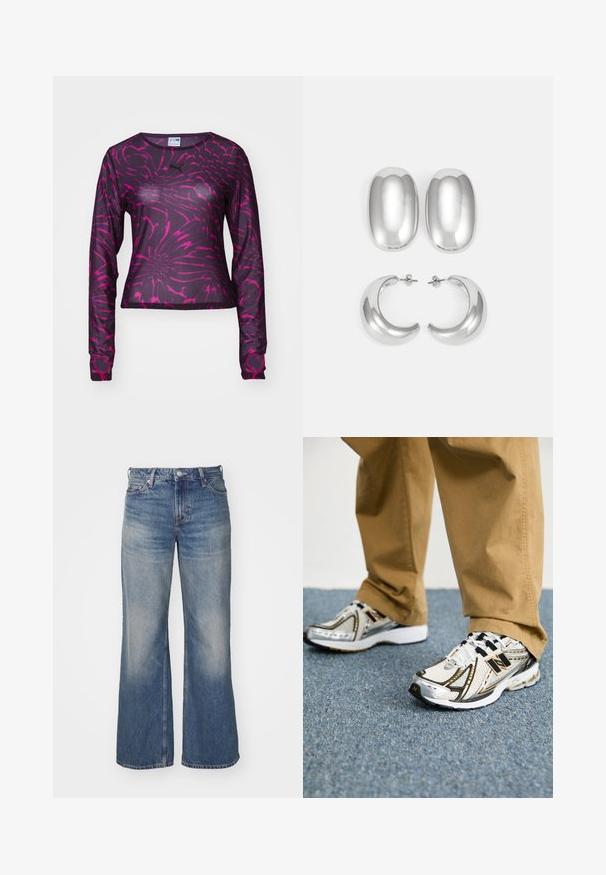 Puma DARE TO LONG SLEEVE TEE - Langarmshirt - midnight plum; Hellblaue Denim-Jeans mit weitem Beinschnitt, ausgestattet mit einer verwaschenen Optik, fünf Taschen und einem Knopfverschluss. Ausführliche Nähte entlang der Nähte.; Weiße und silberne New Balance Sneaker mit schwarzen Akzenten und Schnürsenkeln, ausgestattet mit einem Mesh-Obermaterial, gepolsterten Sohlen und dynamischem Design.; Silberfarbener Ohrring-Satz: zwei ovale Stecker und zwei halbmondförmige Creolen, mit einer glänzenden, glatten Oberfläche und einem abgerundeten Design.