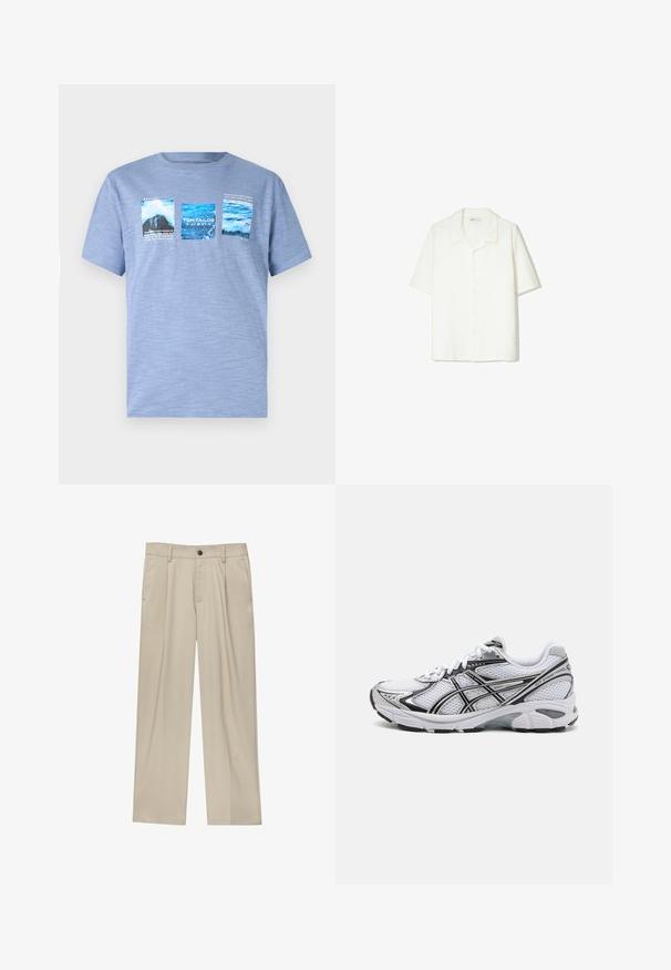 Turkoosi lyhythihainen t-paita pehmeästä kankaasta, jossa on kolme graafista kuvaa, jotka esittävät vettä ja maisemia tekstityksillä.; Lyhythihainen, nappikiinnitteinen paita vaaleanvalkoisena, jossa on pehmeä, tekstuurinen kangas, avotuki ja rento malli.; Beige-housut suoran leikkauksen omaavina, joissa on yksi musta nappi, vyölenkit ja sivutaskut. Sileä kangas ja minimalisti muotoilu.; Valkoinen urheilusandaali, jossa on verkkomateriaali päällinen, mustat yksityiskohdat ja hopeiset yksityiskohdat. Varustettu pehmustetulla pohjalla ja nauhatekniikalla tuen tarjoamiseksi.