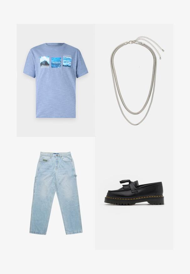 Lyseblå kortermet t-skjorte laget av mykt stoff, med tre grafiske trykk som skildrer vann og landskap med tekstdetaljer.; Lyseblå denimjeans med løs passform, fem-lomme design og synlige sømmer. Har et merke på frontlommen.; Svart skinn loafers med en kvastdetalj, med en tjock svart sula och gul sömnad längs kanten. Texturerad yta.; Tre-lags sølvmetallkjede med elegante, fleksible kjeder med en svak glans, sikret med en krabbe-lås og justerbar kjede.