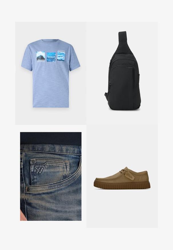 Svetlo modra majica s kratkimi rokavi, izdelana iz mehkega materiala, z tremi grafičnimi motivi, ki prikazujejo vodo in pokrajine z besedilnimi podrobnostmi.; Modre denim kavbojke z izbledelo teksturo, z žepkom za kovance in črnim logotipom spredaj. Pas je iz temno mornarsko modrega rebrastega blaga.; Svetlo rjave antilop čevlje z ovalnim nosom, šivi in ribasto rjavo gumijasto podplat. Ima stransko oznako z logotipom "Clarks".; Črn, tkaninski sling nahrbtnik z enim ramenskim trakom, več žepnimi zadrgami in sodobnim, minimalističnim dizajnom.