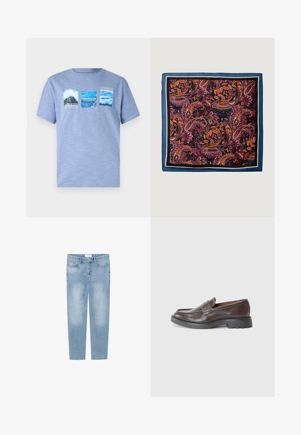 Tricou scurt cu mânecă, de culoare albastră deschisă, confecționat dintr-un material moale, având trei imprimeuri grafice care ilustrează apă și peisaje, împreună cu detalii de text.; Jeans drepti de culoare bleu deschis, confecționați din denim. Prezintă un design cu cinci buzunare, zone estompate și o etichetă la talie. Fără embellishments.; Mocasini din piele maro cu un finisaj neted, vârful rotund, cusături minime și o talpă groasă din cauciuc negru. Fără accesorii sau detalii vizibile.; Eșarfă din mătase cu un model paisley în nuanțe profunde de roșu, portocaliu și violet, marginită cu albastru închis și negru, având o textură netedă.