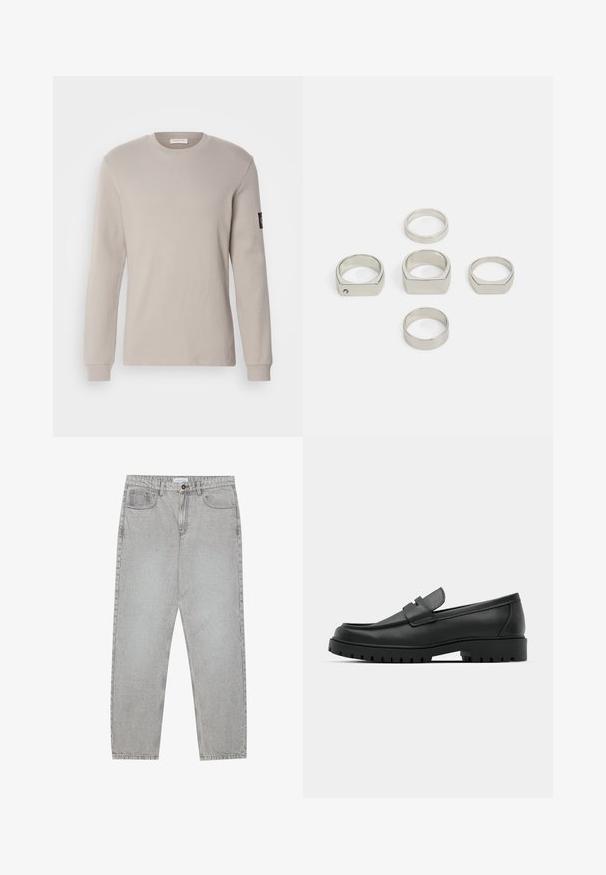 Langermet beige bomull T-skjorte med rund hals, ribbet tekstur og en liten svart logo-lapp på venstre erme.; Lys grå denimbukser med rett ben-design, fem lommer og knappelukking. Synlig søm langs sømmene.; Sorte lærloafere med rund tå, med en syddesign, lav plattformsåle og en teksturert, ruggede gummisåle.; Sett med seks metalliske sølvringer i ulike former, inkludert runde og firkantede, med glatte teksturer og minimalistisk design.