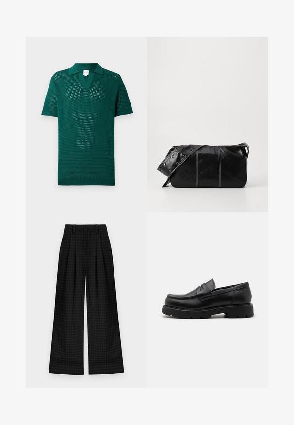 Roheline kudunud polo-särk, millel on tekstureeritud avatud kude, lühikesed varrukad ja klassikaline krae. Omab V-kujulist disaini ja soonikkoes äärt.; Mustrite ruudulised laiad püksid, millel on pleidid, sujuva tekstuuri ja klassikaline disain. Kerge kangas mugavuseks.; Musta nahast loafer, millel on ümmargune varvas, tekstiilse accentidega esiküljel ja jäme kummist talla, millel on sooned haarde tagamiseks.; Must mustra nahkainine õlakott, millel on tõmblukk, tekstureeritud pind, valged õmblused ja rihm hõbedaste rõngastega.