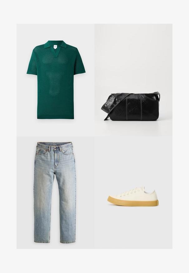 Žalias megztas polo marškinėliai su tekstūruotu atviru audiniu, trumpomis rankovėmis ir klasikiniais apykaklėmis. Pasižymi V formos iškirpte ir raštuota apatine dalimi.; Šviesiai mėlynos džinsinės kelnės su aukštu liemeniu, priekyje mygtukas, užtrauktukas ir penkių kišenių dizainas, išklotos ant neutralios fono.; Oficio drobės sneakeriai baltai kreminės spalvos, su apvaliu galiuku, su smėlio spalvos guminiais padais ir penkiomis skylėmis raištams, turintys tekstūruotą viršutinę dalį.; Juodas odinis pečių krepšys su užtrauktuku, turintis tekstūruotą paviršių, baltą siuvinėjimą ir dirželį su sidabinėmis metalinėmis detalėmis.