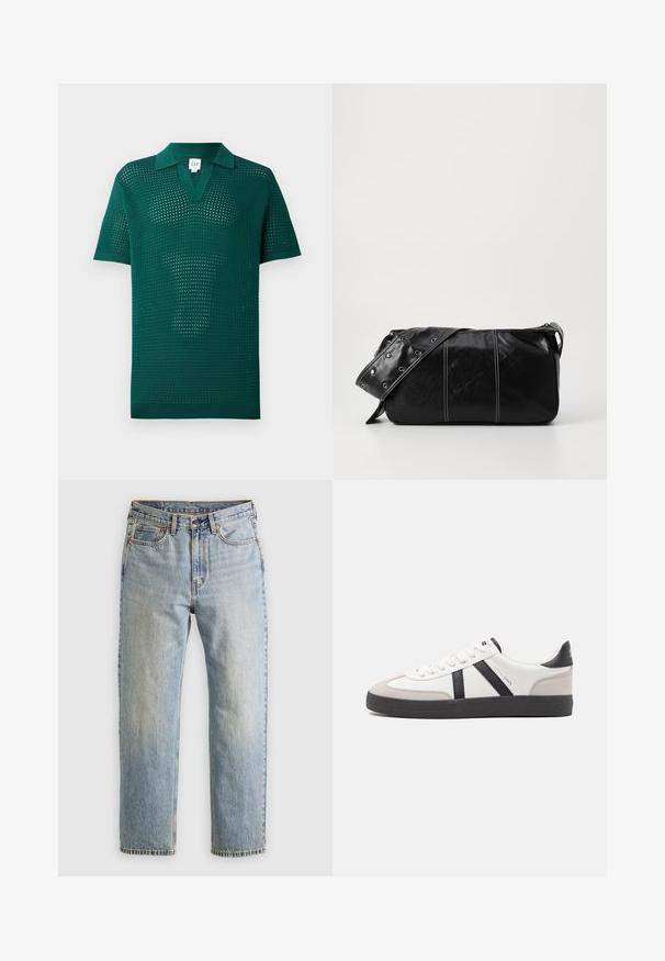 Zeleno pletena polo majica z teksturirano odprto tkanino, kratkimi rokavi in klasičnim ovratnikom. Ima obliko v-izreza in rebrast rob.; Svetlo modri džins hlače z visokim pasom, sprednjim gumbom, zadrgo in petimi žepi, laid flat na nevtralni podlagi.; Bela športna obutev z črnimi in sivo akcenti, z teksturirano sivo kapico za prste, črnim gumijastim podplatom in ravnimi belimi vezalkami. Čista zasnova, minimalistični slog.; Črna usnjena torba za ramo z zadrgo, ki ima teksturirano telo, belo šivanje in trak s srebrnimi luknjami.