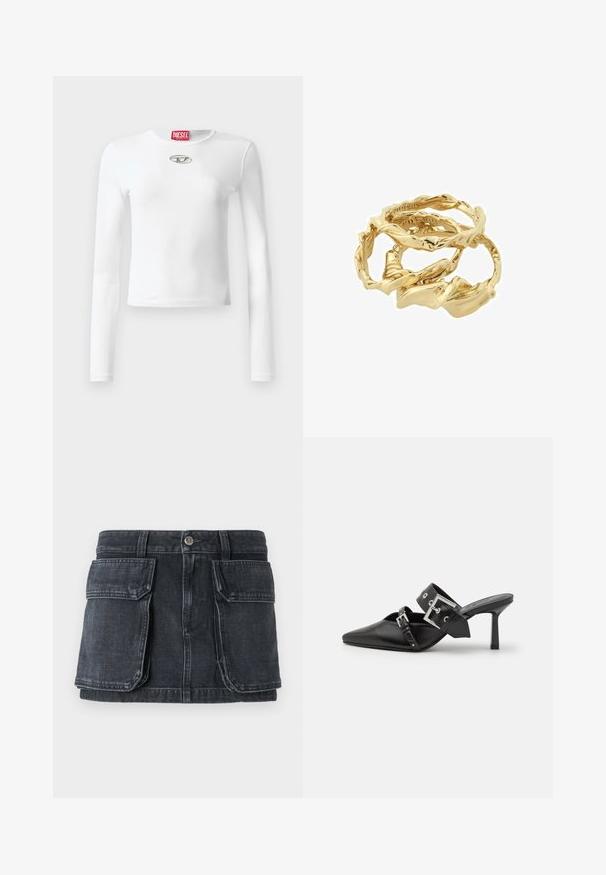 Bijela dugorukava majica od glatkog materijala, s okruglim izrezom i srebrenim detaljem loga na sredini prsa.; Crna traper suknja s pripijenim strukom, kopčanjem na gumbe, dva velika prednja džepa i kontrastnim šavovima.; Crne visoke mule s oštrim vrhom, izrađene od glatke kože. Imaju široku narukvicu oko gležnja sa srebrnom kvadratnom kopčom i nitnama.; Zlatni prstenovi s uvijenim dizajnom složeni zajedno, sa strukturiranom površinom i glatkim, zaobljenim ivicama, stvarajući organski, fluidan izgled.