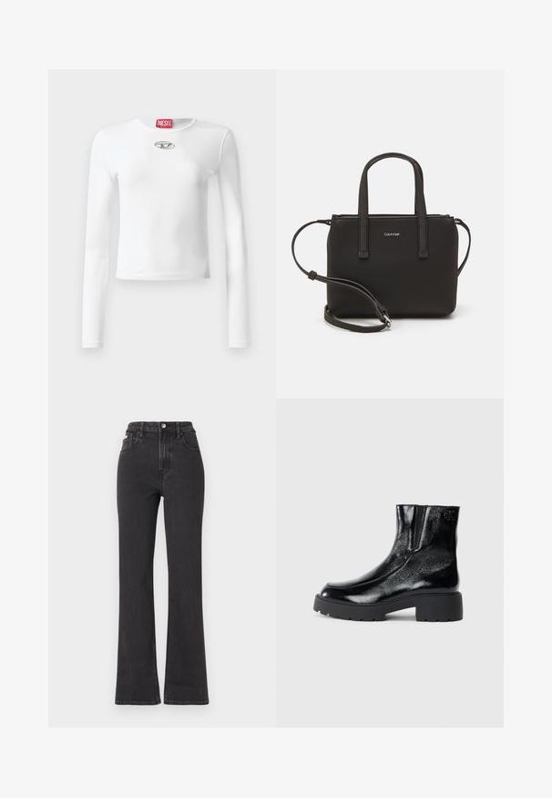 Vit långärmad T-shirt i slät tyg, med rund halsringning och en silverlogotypdetalj på bröstet.; Svarta högmidjade utsvängda jeans i denim, med knappknäppning, bältesöglor och sidofickor. Slät textur med minimal urtvättning.; Svarta anklar stövlar med en glänsande lackläderfinish, kraftig svart gummisula och upphöjd klack; inkluderar subtil logotypdetalj på sidan.; Svart handväska med dubbla korta handtag och ett avtagbart axelband. Slät läderliknande material med dragkedjestängning och logodetalj.