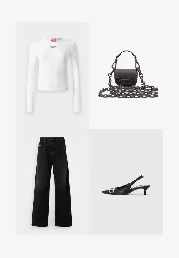 White long-sleeve T-shirt made of smooth fabric, featuring a round neckline and a silver logo detail at the center chest.; Wide-leg black denim jeans with a high waist, featuring a button closure, front pockets, and a faded texture.; Black leather slingback shoe with a pointed toe, featuring a silver logo accent and a small heel. Smooth texture and minimalist design.; Small black handbag made of smooth leather, featuring a rounded shape, front logo accent, and a textured chain strap.