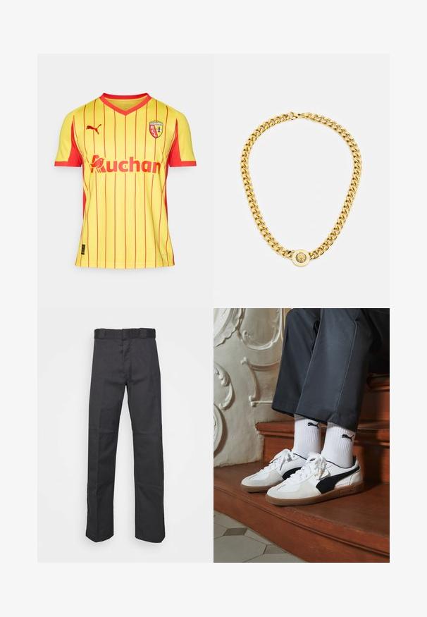 Geltonai-raudonais dryžuotas futbolo marškinėliai su Puma logotipu ir "Auchan" rėmimu, kairėje krūtinės pusėje yra RCL emblema.; Juodos kelnės, pagamintos iš patvarios medžiagos, su tiesiais kaire, juosmeniu su diržo kilpomis ir siūlėmis, suteikiančiomis tekstūrą.; Puma sportbačiai baltoje ir juodoje zomšo spalvų derinys, su rudu guminio pado apdaila. Derinama su baltais kojiniais, kuriuose pavaizduota juoda logotipas, dėvimi su tamsiomis kelnėmis.; Auksinė grandinė su dideliais susijungusiais žiedais, centruje uždedamas apskritas pakabukas su iškilnia emblema.