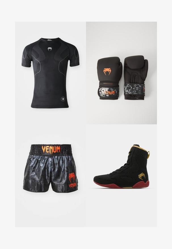 Black short-sleeve athletic shirt with textured panels, white thin curved lines, a fang logo on chest, and a round performance badge near the hem.; Black satin boxing shorts with a camouflage pattern, featuring an elastic waistband and bright orange "VENUM" logo on the front.; High-top athletic shoe with black mesh and synthetic material, textured accents, red rubber sole, and gold detailing on the ankle.; Black boxing gloves with a matte finish and ergonomic design. Orange logo detailing and camouflage-patterned wrist straps.