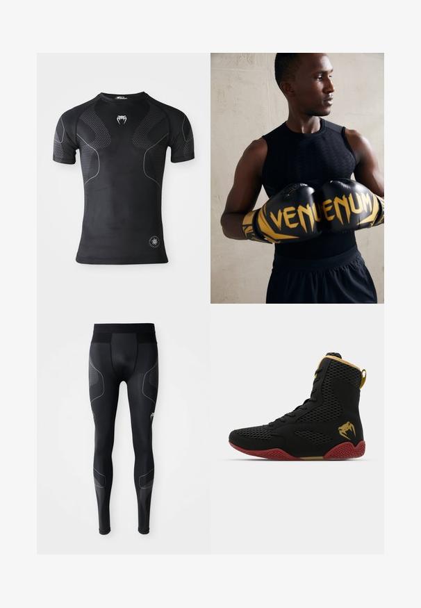 Black short-sleeve athletic shirt with textured panels, white thin curved lines, a fang logo on chest, and a round performance badge near the hem.; Black athletic leggings made of stretchy material, featuring a wide waistband, mesh panels, and reflective accents along the sides.; High-top athletic shoe with black mesh and synthetic material, textured accents, red rubber sole, and gold detailing on the ankle.; Black boxing gloves with gold accents and "VENUM" branding. The athlete wears a sleeveless black top, showcasing a muscular physique.