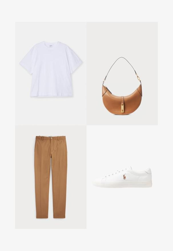 Tricou alb cu mânecă scurtă, fabricat din bumbac. Previne un guler rotund, o croială lejeră și o textură netedă. Design simplu, fără modele sau accente.; Pantaloni din bumbac maro cu un design slim-fit, față plată și buzunare standard; textură netedă și tivuri finisate.; Adidași din piele albă, design de tip low-top, cu o textură netedă, vârf rotund, față șiretată și un mic logo brodat pe lateral.; Geantă de piele bej cu o formă curbată, accesorii din aur și o curea subțire pentru umăr. Are un închizător cu fermoar și detalii cu logo pe față.