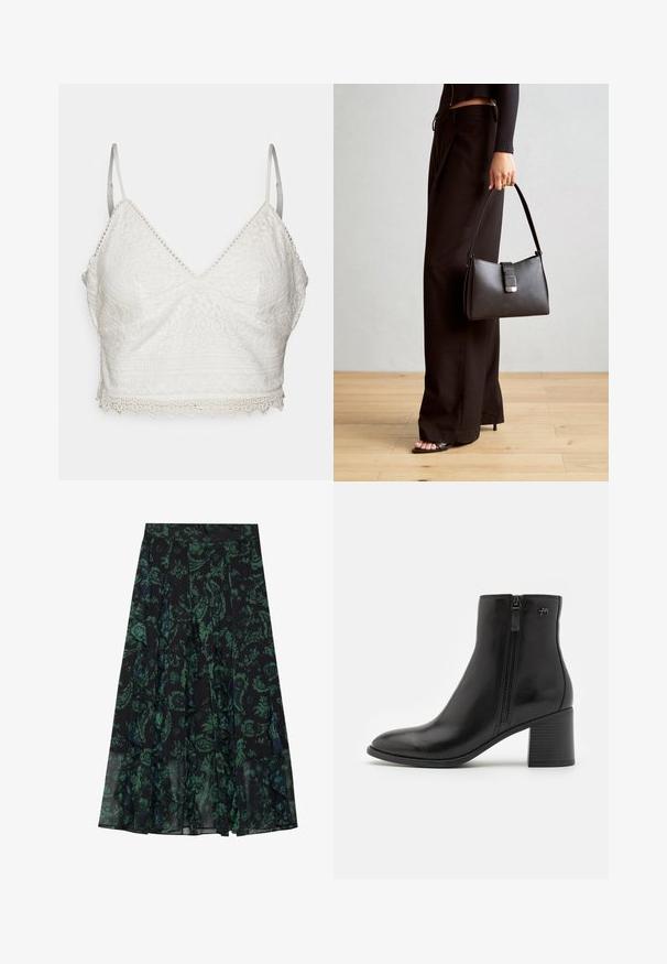 Biela čipkovaná bralette s výstrihom v tvare V, nastaviteľnými tenkými ramienkami a zúbkovaným lemom. Obsahuje zložité kvetinové a geometrické vzory.; Čierna sukňa s zeleným kvetinovým vzorom, s volánovými okrajmi a záhybmi. Vyrobená z ľahkej tkaniny, ponúkajúca splývavý strih.; Čierne členkové boty z hladkej kože so zipsom na boku. Majú špicatú špičku a textúrovaný blokový opätok pre stabilitu.; Čierna kabelka so štruktúrovaným tvarom, hladkou textúrou a kovovou sponou. V kombinácii so širokými čiernymi nohavicami a sandálmi s otvorenou špičkou na drevenej podlahe.