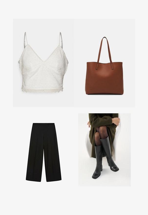 Vit spetstopp med v-ringning, justerbara tunna remmar och scalloped avslutning. Har intrikata blommönster och geometriska mönster.; Svarta vida byxor i mjukt tyg, med hög midja och veck, som har en slät yta utan synliga dekorationer.; Knähöga svarta läderstövlar med fyrkantig tå och klack i blockmodell, visade med en modell sittande i en olivgrön kappa. Slät textur, minimal detaljering.; Brun läder tote-väska med en slät textur, öppen toppdesign och två axelremmar. Har minimal söm och ingen synlig metalldetalj.