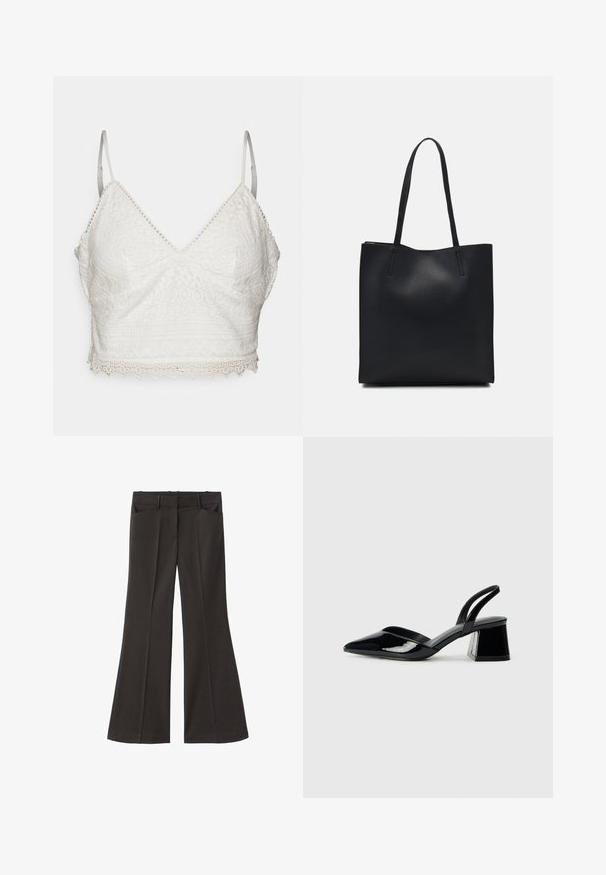 Biela čipkovaná bralette s výstrihom v tvare V, nastaviteľnými tenkými ramienkami a zúbkovaným lemom. Obsahuje zložité kvetinové a geometrické vzory.; Čierne rozšírené nohavice s vysokým pásom; majú dve bočné vrecká a hladkú textúru látky. Vhodné na rôzne príležitosti.; Čierne lakované kožené sandálové podpätky s špicatou špičkou a geometrickým blokovým podpätkom. Disponujú elegantným, minimalistickým dizajnom a hladkým povrchom.; Čierna kožená taška na rameno s hladkým povrchom, obdĺžnikovým tvarom a dvoma dlhými uchami. Bez viditeľného kovania alebo ozdôb.