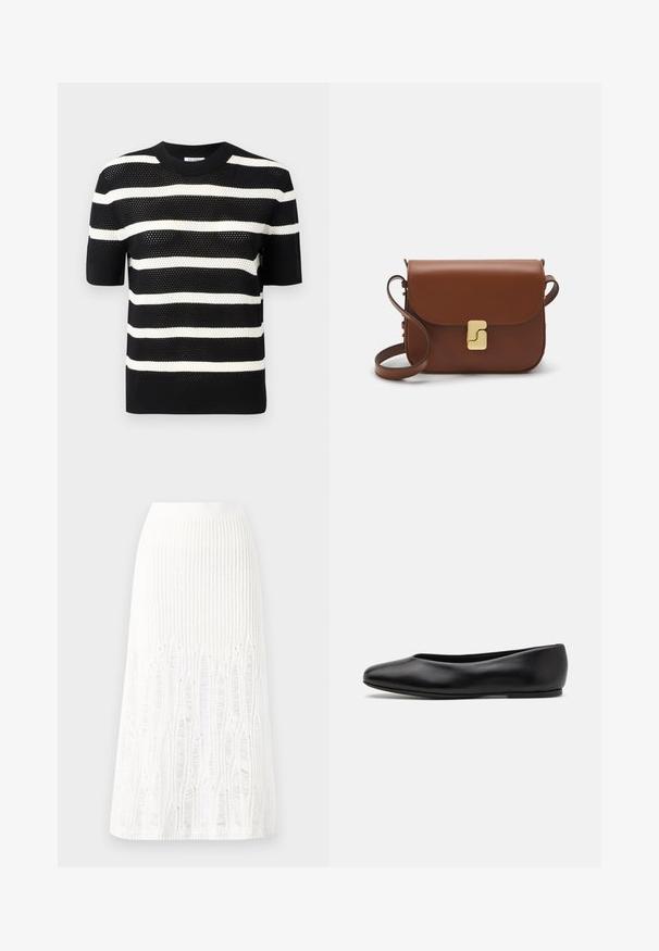 Czarna i biała w paski krótko rękawowa dzianinowa bluzka z okrągłym dekoltem, z teksturowanym wzorem i prostym dołem.; Dzianinowa biała spódnica midi z fakturowanym wzorem w pionowe linie oraz wycięciami przy dolnej krawędzi. Elastyczny pas. Miękki materiał.; Paul Smith TOPANGA czarny; Brązowa skórzana torebka na ramię z klapką, złotymi detalami, paskiem na ramię i gładką teksturą. Kompaktowy prostokątny kształt.