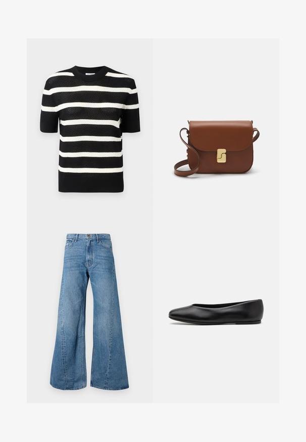 Top de punto de manga corta a rayas en blanco y negro con cuello redondo, que presenta un patrón texturizado y un dobladillo recto.; Pantalones vaqueros de mezclilla azul de pierna ancha con una cintura alta, que cuentan con un diseño clásico de cinco bolsillos y un ligero desvanecimiento para dar textura.; Paul Smith TOPANGA - Bailarinas - black; Bolso de mano de cuero marrón con cierre de solapa, herrajes en tono dorado, correa para el hombro y una textura suave. Forma rectangular compacta.